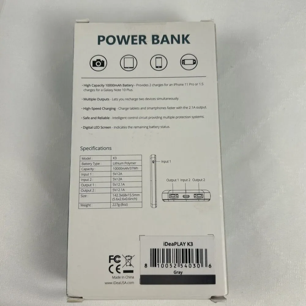 iDeaPLAY 10000mAh External Battery Power Bank Black & Gray Lot/2 Tested Working
